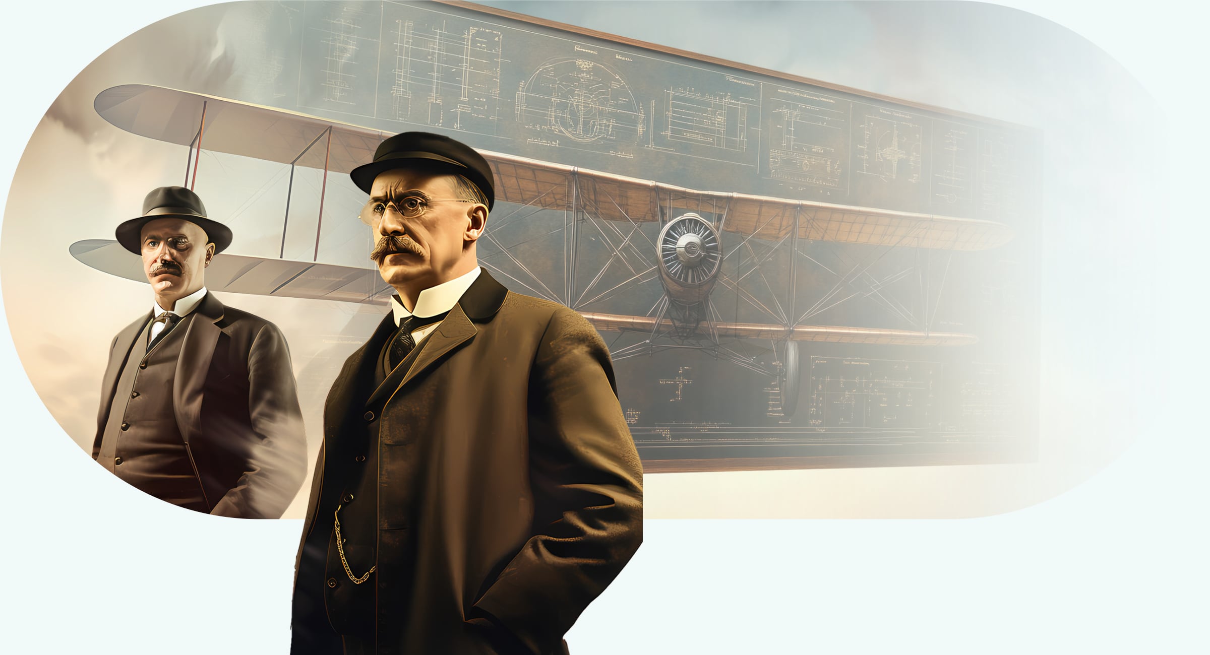 A rendering of the Wright brothers with a plane in the background.