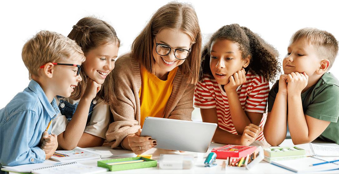 a teacher and her students looking at a tablet.