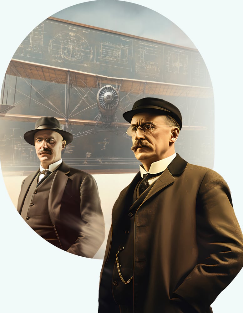 A rendering of the Wright brothers with a plane in the background.