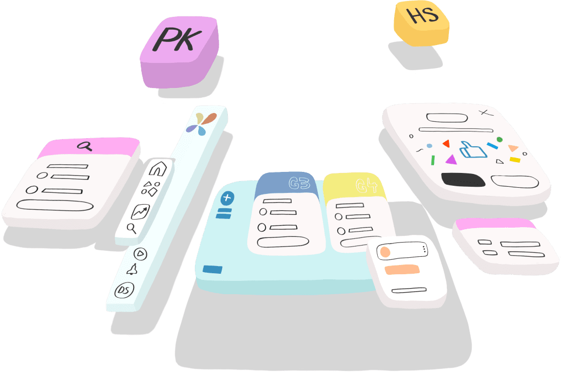 A montage of artist's illustrations that consists of different components from the Pasela web application.