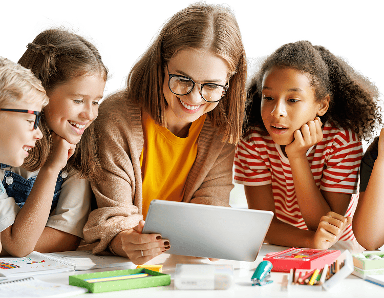 a teacher and her students looking at a tablet.